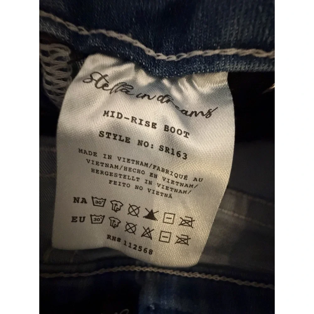 Stella In Dreams Jeans Sz 0 Mid Rise Boot Cut Bootcut Embroidered Thick Stitch